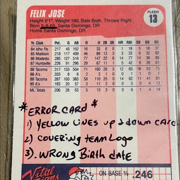 *Error*Fleer 90 Felix Jose ERROR Baseball Card.